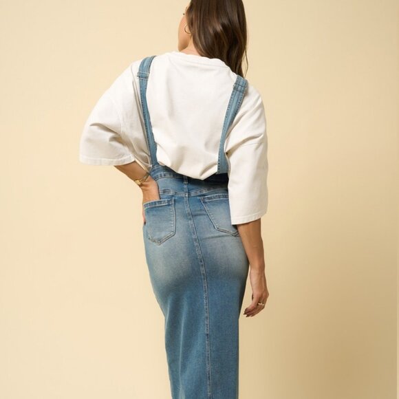 Long Overall Straight Fit Denim Skirt in Medium Wash - Picture 2 of 4